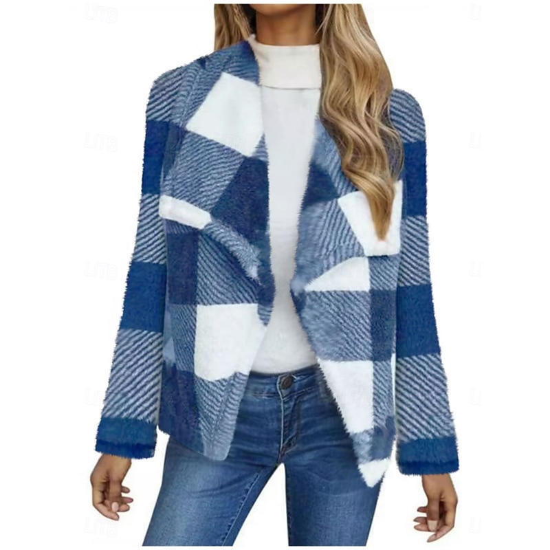Women's Fleece Jacket Casual Jacket Comfortable Breathable Print Casual Plaid Vacation Street Casual Daily Wear Open Front Long Turndown Regular Fit Long Sleeve Outerwear Black And White Black Pink