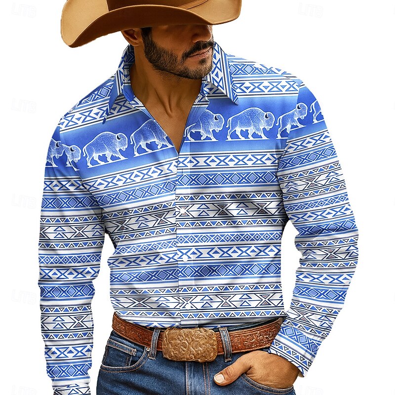 Men's Buffalo Plaid Cowboy Indian Culture Shirt Western Shirt Button Up Shirt Long Sleeve Vintage Retro Outdoor Casual WorkWear Spring Fall Turndown 3D Print Collared Shirts Blue Brown Green3