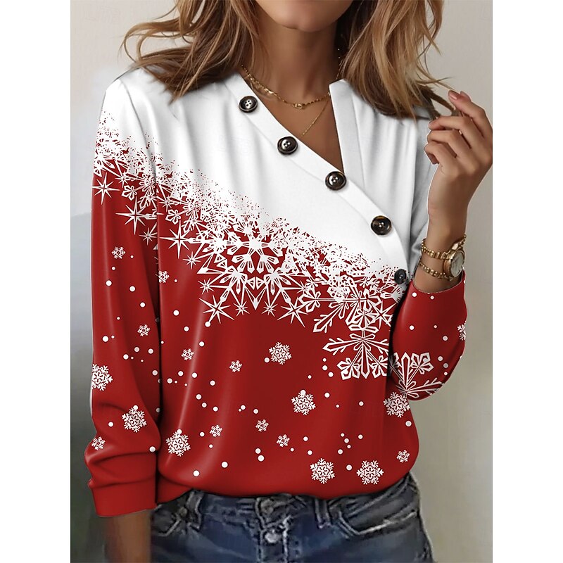 Christmas Women's T Shirt Geometric Snowflake Casual Short Sleeve Long Sleeve V Neck Regular Tops Daily Buttons Print Red Blue Purple Green Gray Summer Winter