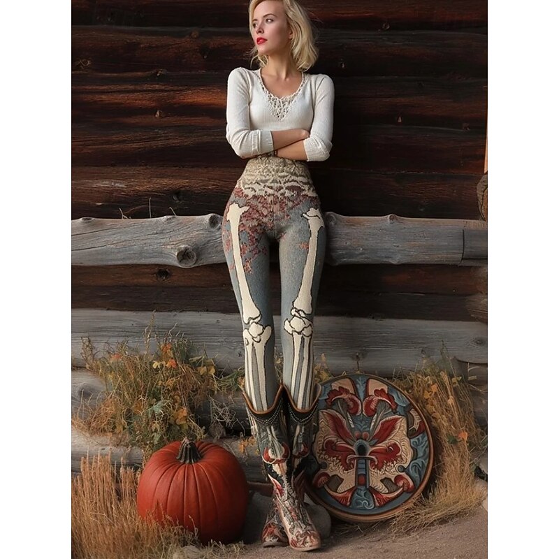 Women's Leggings Vacation Vintage Fashion Full Length Ankle-Length High WaistPantsHalloween Graphic Skull Halloween Printing Soft Breathable Stretchy Formal Vacation Street Light Gray Spring Fall2