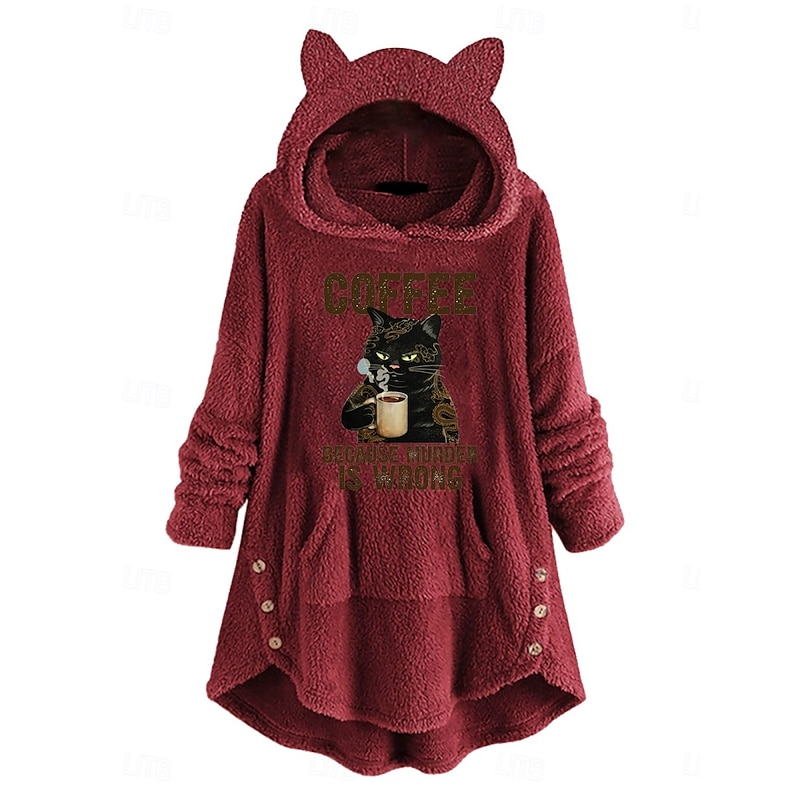 Women's Pullover Hoodie Sweatshirt Cat Letter Casual Long Sleeve Hooded Long Tops Street Dailywear Casual Pocket Print Pink Wine Gray Fall Winter4
