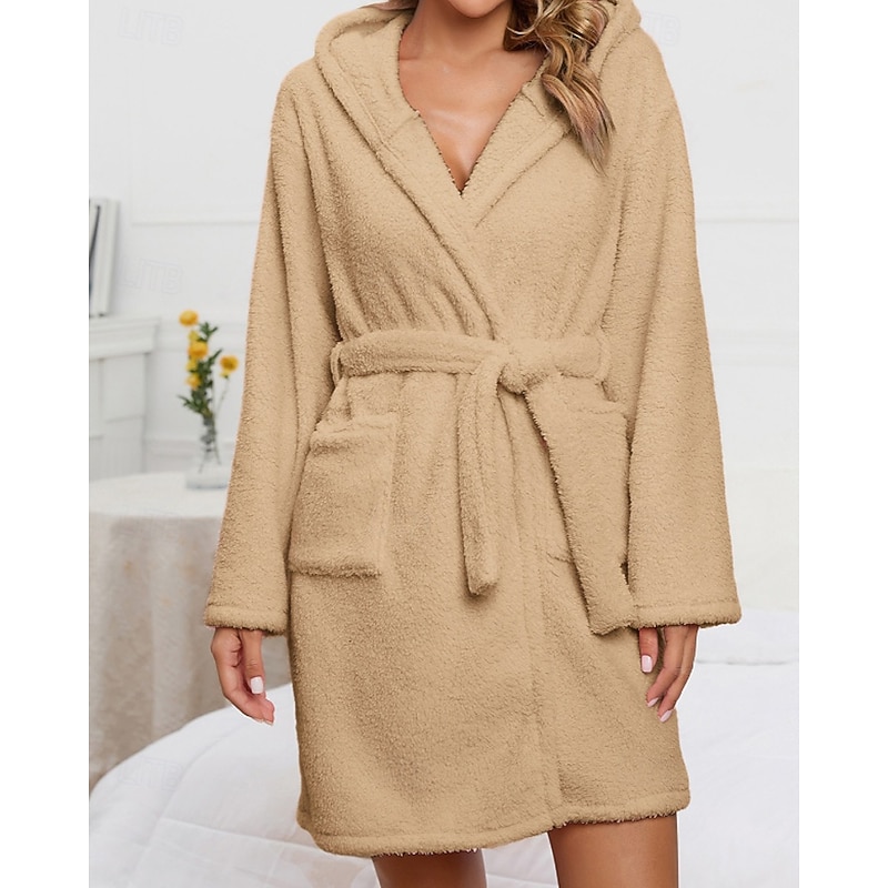 Women's Pajamas Robe Fashion Casual Pure Color Lace Vacation Home Bed Long Sleeve Hoodie Pink Khaki Fall Winter Tailored Fit