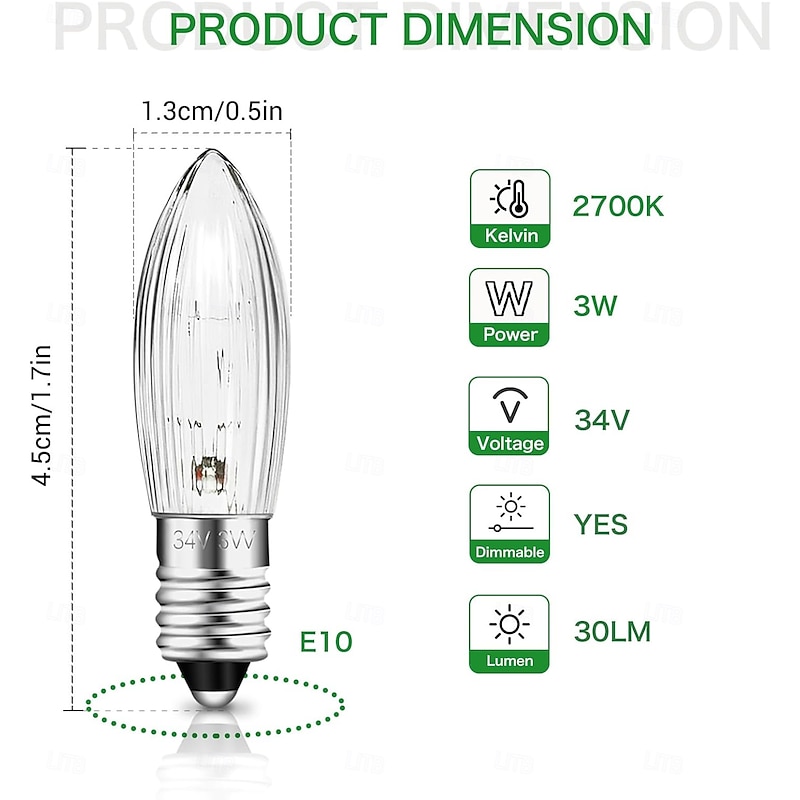 E10 34V 3W Candle Bulb with 7 Burn Points Replacement Bulb 30LM Warm White 2700K E10 Candle Bulb for Light Arches Christmas Trees String Lights10Pcs2
