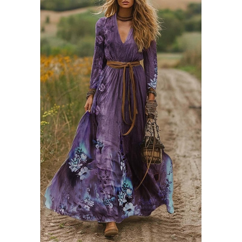 Women's Maxi Dress A Line Dress Pleated Dress Fit And Flare Dress Boho Date Going out Regular Fit Floral Graphic Tribal Long Sleeve V Neck Purple Green Spring Fall Winter Autumn