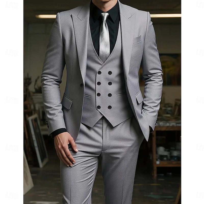 Men's Wedding Casual Business Suits Peaked Lapel Light Khaki Navy Blue Formal Solid Colored Slim Fit 3 Piece Single Breasted One-button