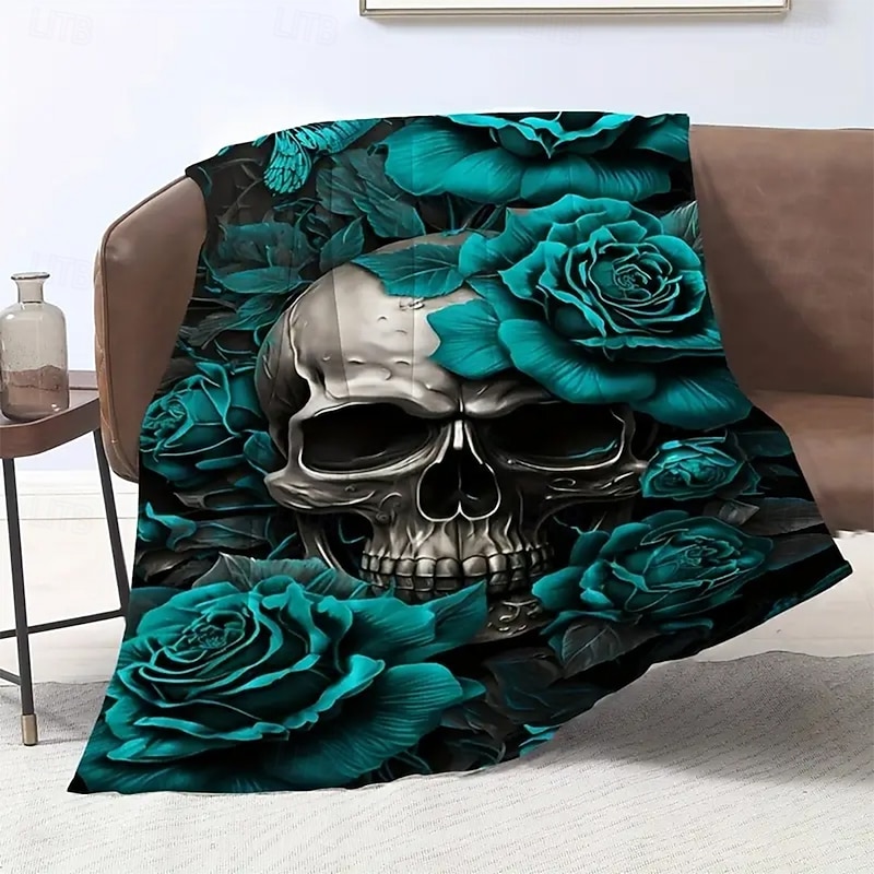 Halloween Fleece Throw Blanket for Couch Skeleton Rose 3D Dark Punk Gothic Style Party Sofa Bed Decorative Warm Blanket Home Decor4