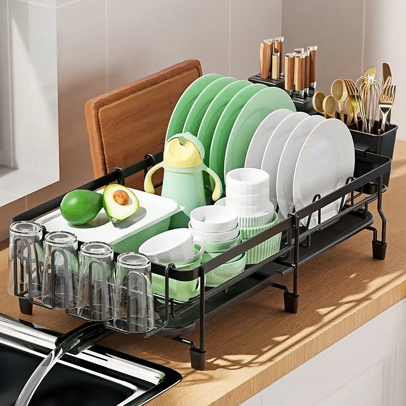 Large Expandable Dish Drying Rack – Multi-Functional Kitchen Counter Organizer with Utensil and Cup Holders, Rust-Resistant, Perfect for Home Kitchen