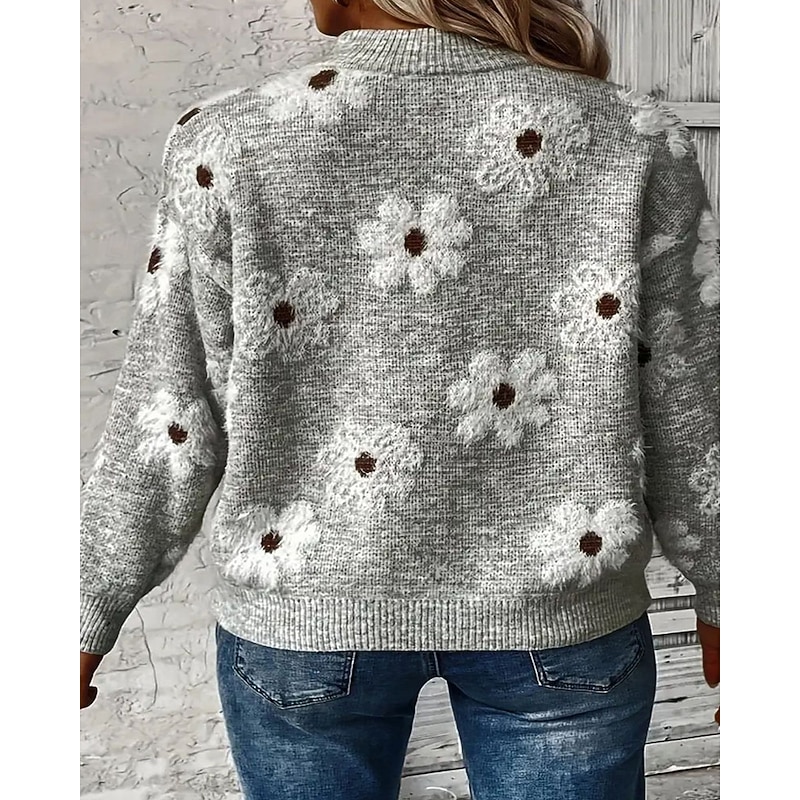 Women's Sweater Pullover Fashion Streetwear Casual Floral Crew Neck Zipper Knitted Print Long Sleeve Regular Tops Knit Daily Holiday Going out Light Grey Fall Winter3