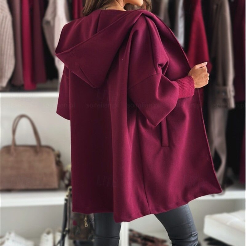 Women's Casual Jacket Warm Comfortable Pocket Buttons Fashion Outdoor Plain Going out Weekend Single Breasted Regular Hooded Regular Fit Long Sleeve Outerwear Black Wine Khaki Fall Winter4