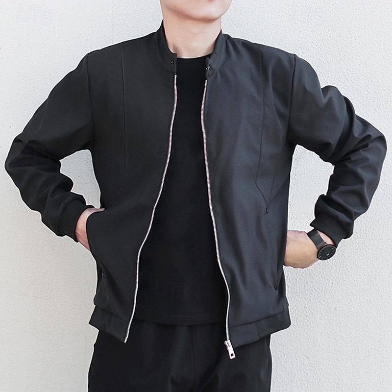 Men's Lightweight Jacket Casual Jacket Vacation Daily Breathable Pocket Spring Fall Plain Fashion Classic Stand Collar Regular Black Army Green Jacket4