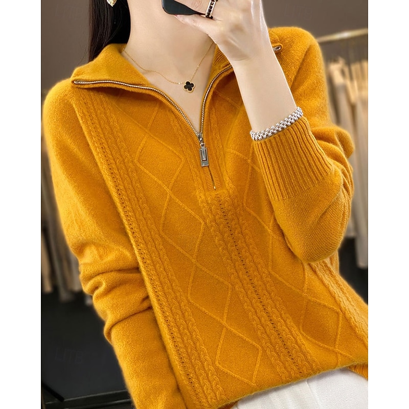 Women's Sweater Pullover Fashion Casual Pure Color Ribbed Half Zip Zipper Knitted Long Sleeve Regular Tops Knit Outdoor Daily Weekend Orange Fall Winter