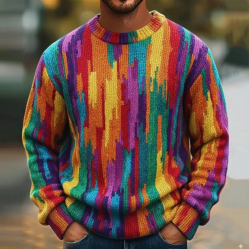 Men's Color Block Abstract Pullover Sweater Jumper Knitwear Crewneck Casual Vacation Street Daily 3D Print Knitting Keep Warm Long Sleeve Spring Fall Winter Blue Green Multi Color - Main Image