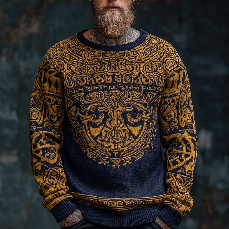 Men's Viking Pullover Sweater Jumper Knitwear Crewneck Retro Vintage Casual Vacation Daily 3D Print Knitting Keep Warm Long Sleeve Spring Fall Winter Red Blue Brown