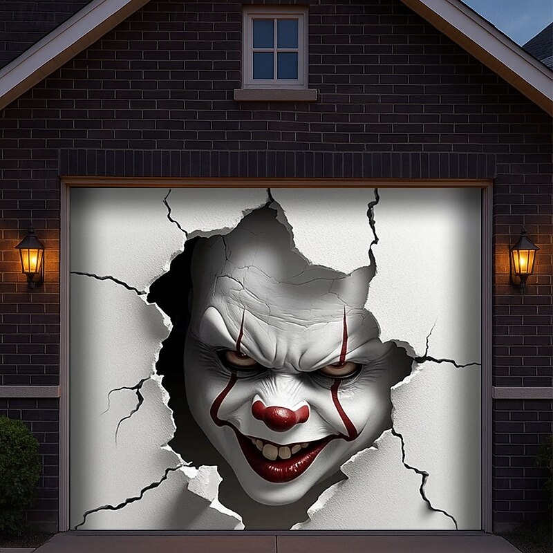 Halloween Garage Door Cover 3D Broken Wall Creepy Clown Face Banner Haunted House Horror Scene Spooky Backdrop Tapestry for Outdoor Wall Fence Yard Halloween Party Decoration3