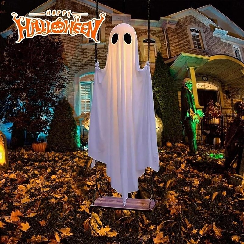 Halloween Swinging Ghost Decorations Outdoor 5.9FT Large Hanging Ghost Swing with Remote Control String Lights Spooky Cute Ghosts Decorations for Tree Porch Yard Garden Lawn3