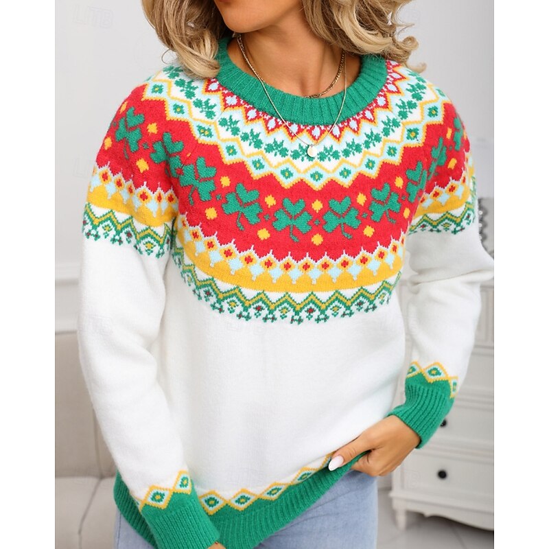 Women's Sweater Pullover Streetwear Casual Floral Ribbed Crew Neck Knitted Print Long Sleeve Regular Tops Knit Christmas Daily Holiday White Pink Fall Winter