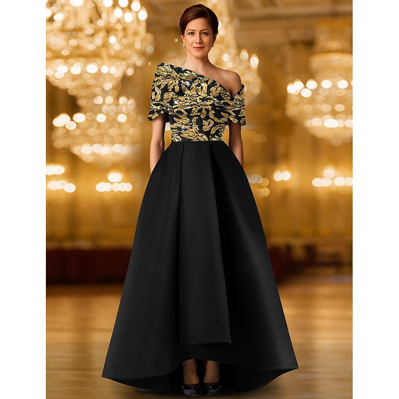 Black Gold Sequined A-Line Evening Gown Elegant Formal Dress Formal Wedding Floor Length One Shoulder Pocket Satin with Glitter Embroidery Shawl 2025