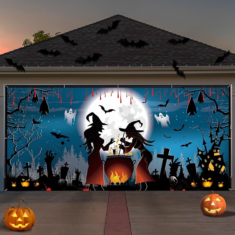 Halloween Garage Door Cover Witch with Poison Bats Tomb and Castle Night Scene Banner Haunted House Horror Spooky Backdrop Tapestry for Outdoor Wall Fence Yard Decoration3