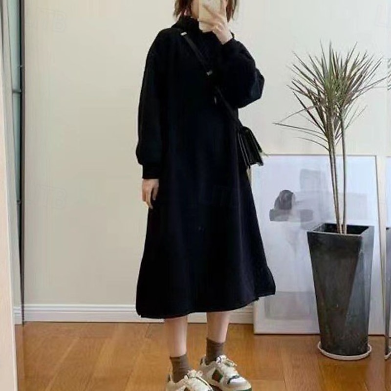 Women's Midi Dress Hoodie Dress Fashion Modern Daily Going out Regular Fit Plain Long Sleeve Crew Neck Hooded Black Brown Dark Blue Gray Spring Fall3