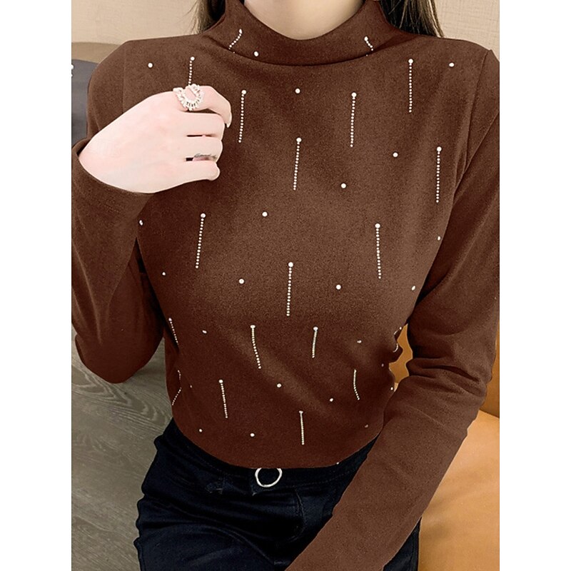 Women's Blouse Solid Color Stylish Casual Long Sleeve Turtleneck Regular Tops Daily Black White Brown Spring Fall Winter3