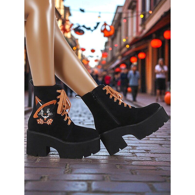 Women's Halloween Platform Lace-Up Boots with Cat Embroidery – Chunky Heel Black Suede Ankle Booties for Fall Festivals, Streetwear and Costume Parties4