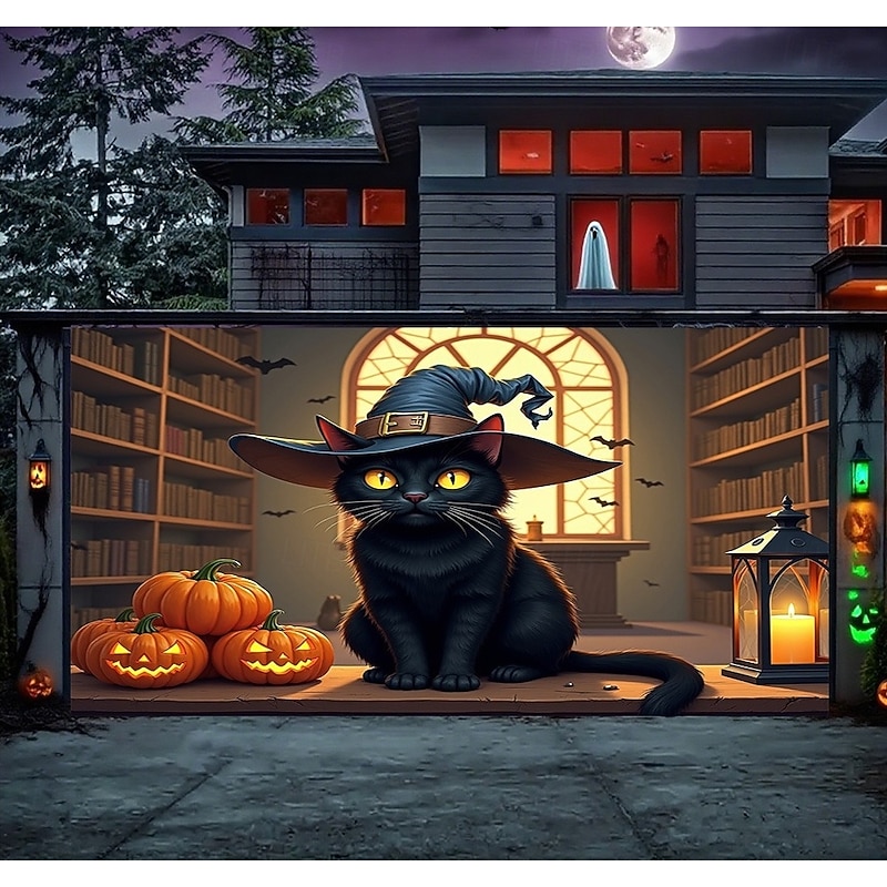 Halloween Garage Door Cover Horror Night Moon Lantern Pumpkin Ghost Large Outdoor Banner with Grommets Yard Front Porch Wall Decorations2