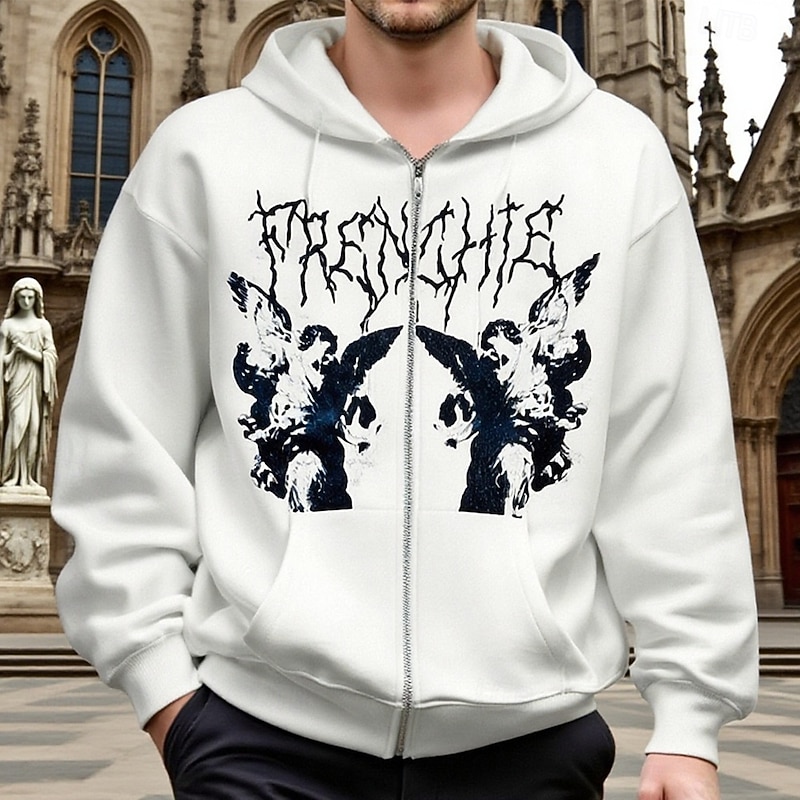 Men's Graphic Hoodie Fashion Daily Hooded Outdoor Vacation Streetwear Black White Zip Up Pocket Printing Spring Fall Designer4