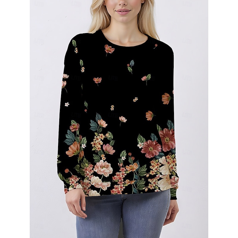 Women's Pullover Sweatshirt Hoodies Floral Graphic Classic Casual Print Long Sleeve Crew Neck Round Neck Regular Tops Casual Holiday Print Black Fall Winter