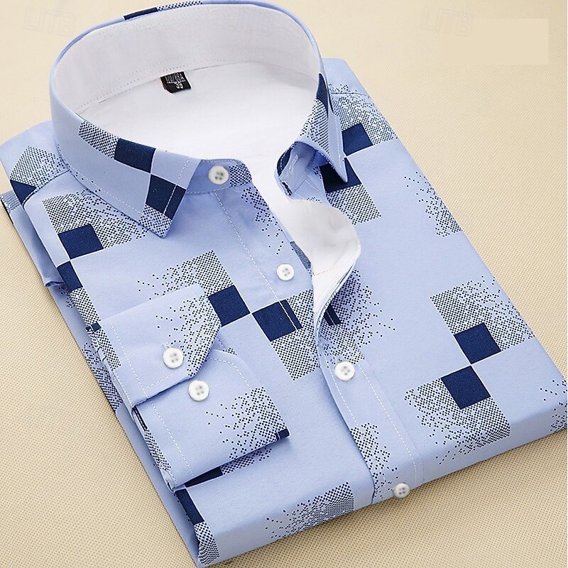 Men's Dress Shirt Plaid / Striped / Chevron / Round Wedding Weekend White Navy Blue Blue Light Blue Long Sleeve Square Neck Spring &  Fall Clothing Apparel4