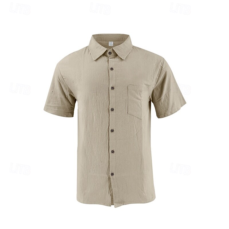 Men's Shirt Linen Shirt Casual Shirt Button Up Shirt Cotton Shirt Plain Vacation Street Black White Khaki Army Green Short Sleeve Turndown Summer Clothing Apparel Pocket4