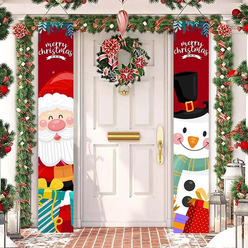 New Christmas Hanging Flag, Snowman Door Curtain, Santa Claus Holiday Decoration, Courtyard Party Banner and Door Couplets