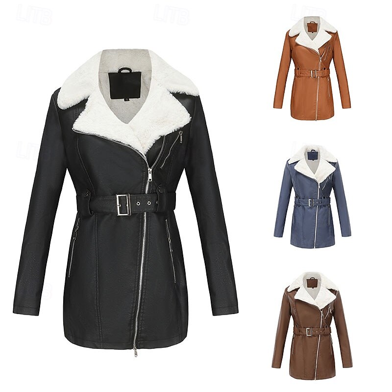 Women's Faux Leather Jacket Sherpa Jacket Warm Comfortable Zipper Pocket With Belt Casual Solid Color Vacation Street Casual Daily Wear Regular Turndown Regular Fit Long Sleeve Outerwear Black Blue