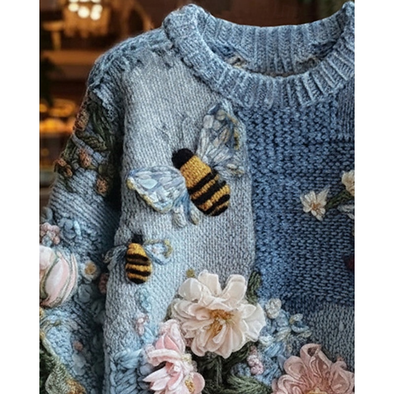 Women's Sweater Vintage Sweater Pullover Daily Casual Floral Ribbed Crew Neck Knitted Print Long Sleeve Regular Tops Knit Outdoor Weekend Blue Fall Winter3