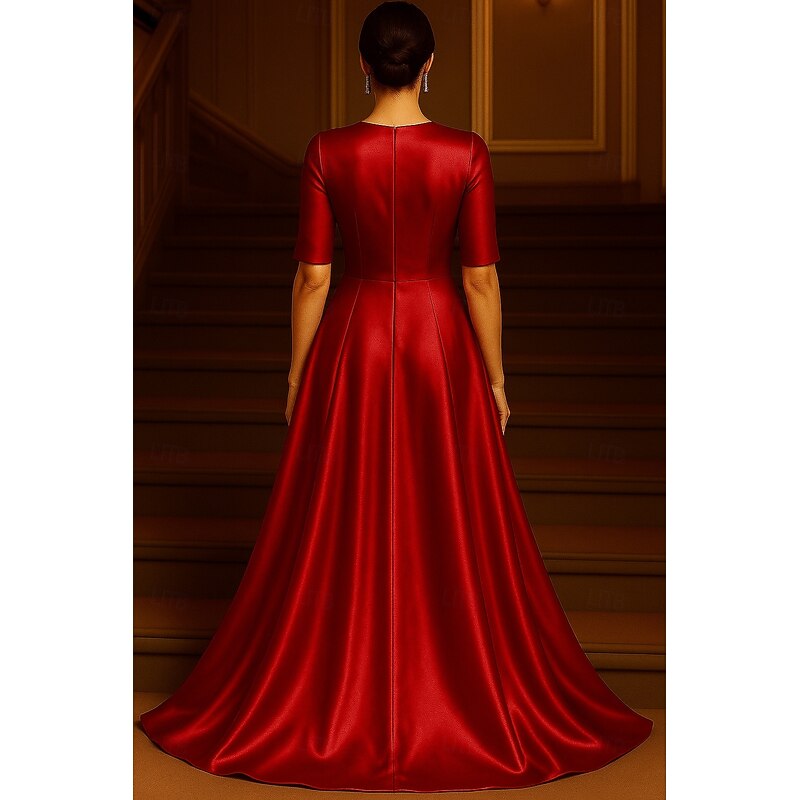 Red Black A-Line Evening Gown Elegant Formal Dress Formal Wedding Floor Length Half Sleeve V Neck Satin with Pleats Ruffles 20252