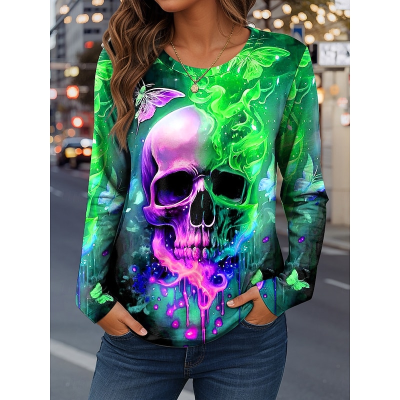 Halloween Women's T Shirt Skulls Graphic Fashion Casual Long Sleeve Crew Neck Regular Tops Daily Weekend Print Red Blue Purple Green Spring Fall Winter4