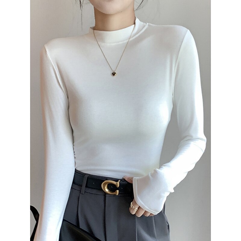 Women's Blouse Solid Color Stylish Casual Long Sleeve Mock Neck Regular Tops Daily Black White Army Green Brown Khaki Spring Fall2