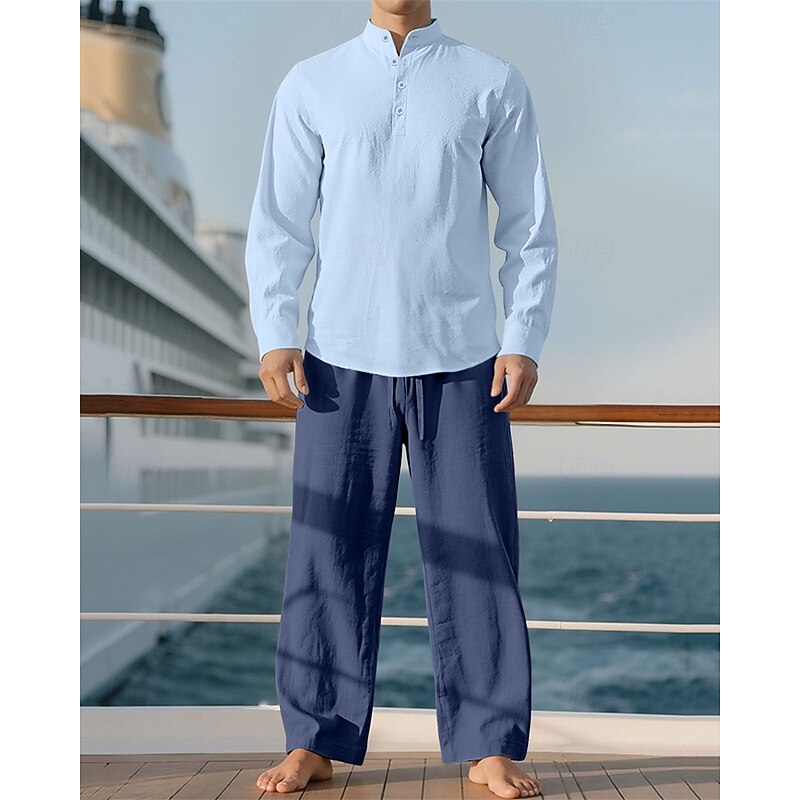 Men's Linen Shirt T-shirt Suits Shirt and Pant Sets 2 Pieces Outfits Long Sleeve Stand Collar Spring Fall Plain Fashion Casual 2 Piece Vacation Daily Wear Going out Black+ Khaki Black Navy Blue Top2