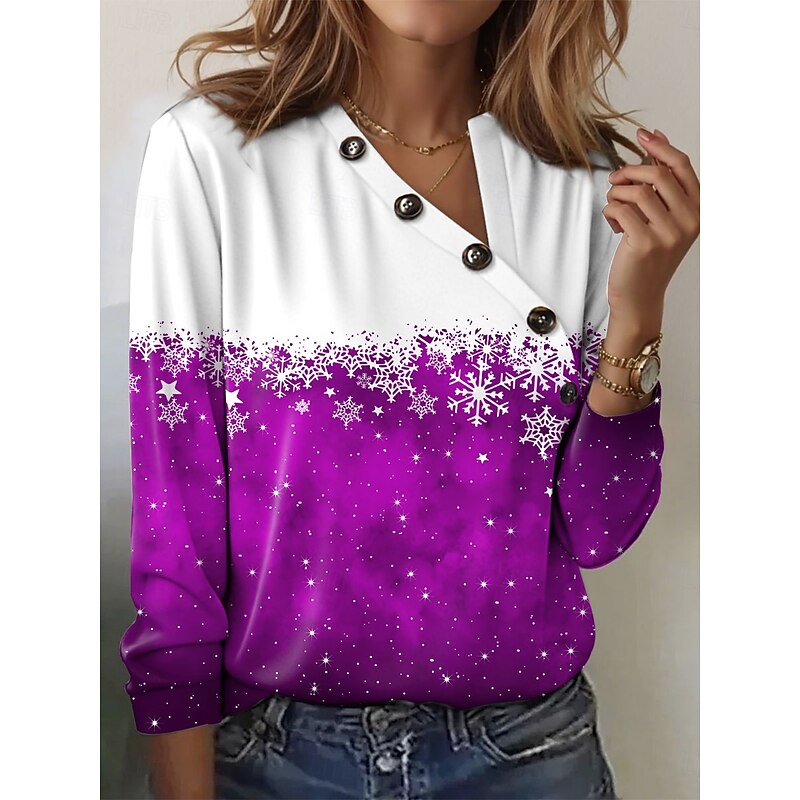 Christmas Women's T Shirt Graphic Snowflake Casual Short Sleeve V Neck Regular Tops Daily Buttons Print Red Blue Purple Green Summer3