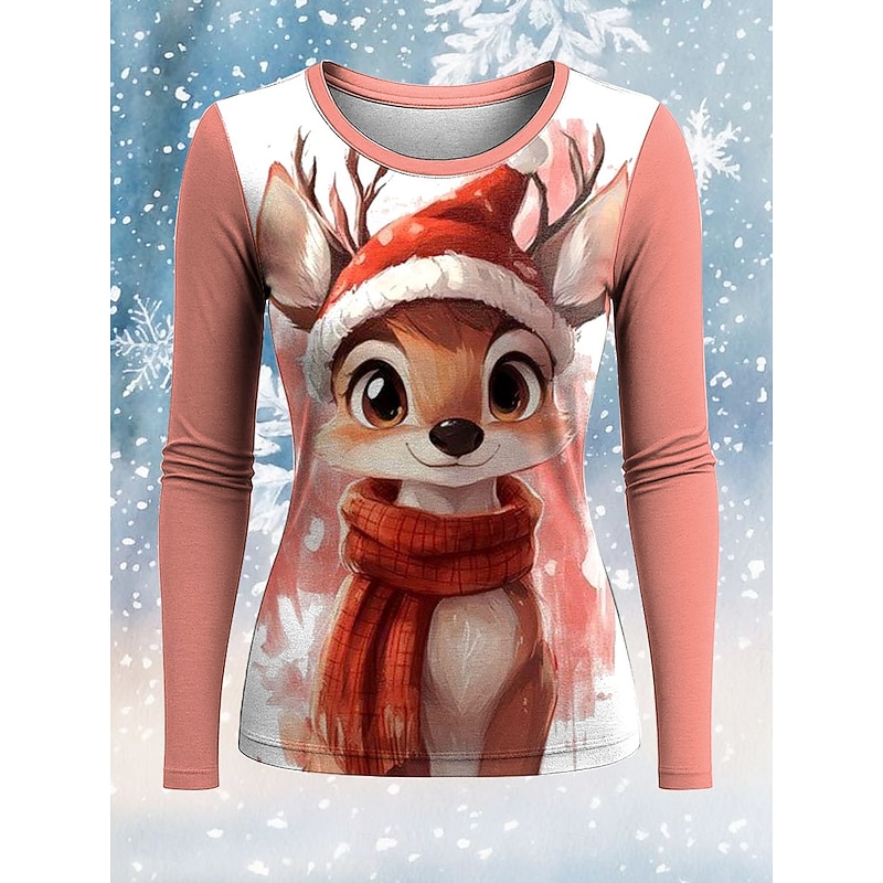 Christmas Women's T Shirt Graphic Reindeer Vintage Fashion Stylish Long Sleeve Crew Neck Regular Tops Daily Weekend Print Pink Red Blue Khaki Spring Fall Winter