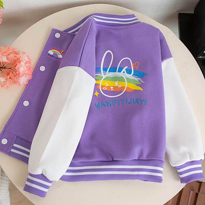 Kids Girls' Baseball Jacket Rainbow Sports Comfort Buttons Soft School Cotton Coat Outerwear 4 years+ Fall Black Pink Blue4