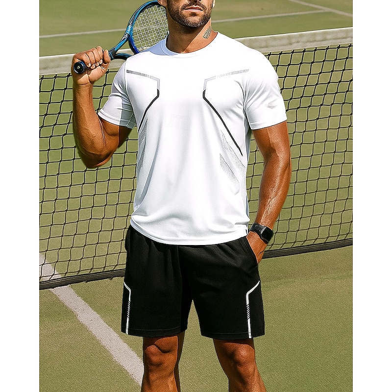 Men's Tennis Tee Short Sleeves Contrast Binding Sweat-Wicking Moisture Wicking Breathable Tennis Golf Pickleball Crew Neck Black White Tennis Clothing