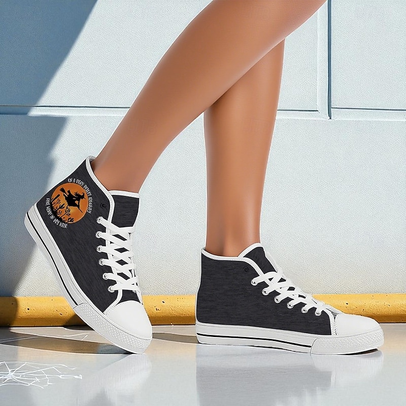 Women's Blue High Top Canvas Sneakers with Witch Print – Casual Halloween Party Shoes for Daily Wear4
