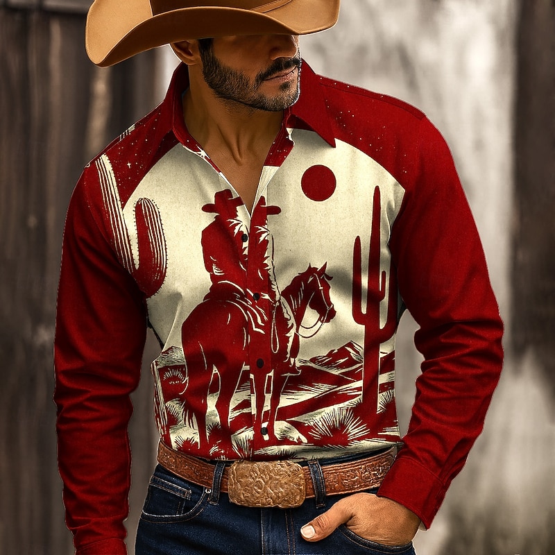 Men's Cowboy Riding Horse Shirt Western Shirt Button Up Shirt Long Sleeve Vintage Retro Outdoor Casual WorkWear Spring Fall Turndown 3D Print Collared Shirts Red Blue Green4