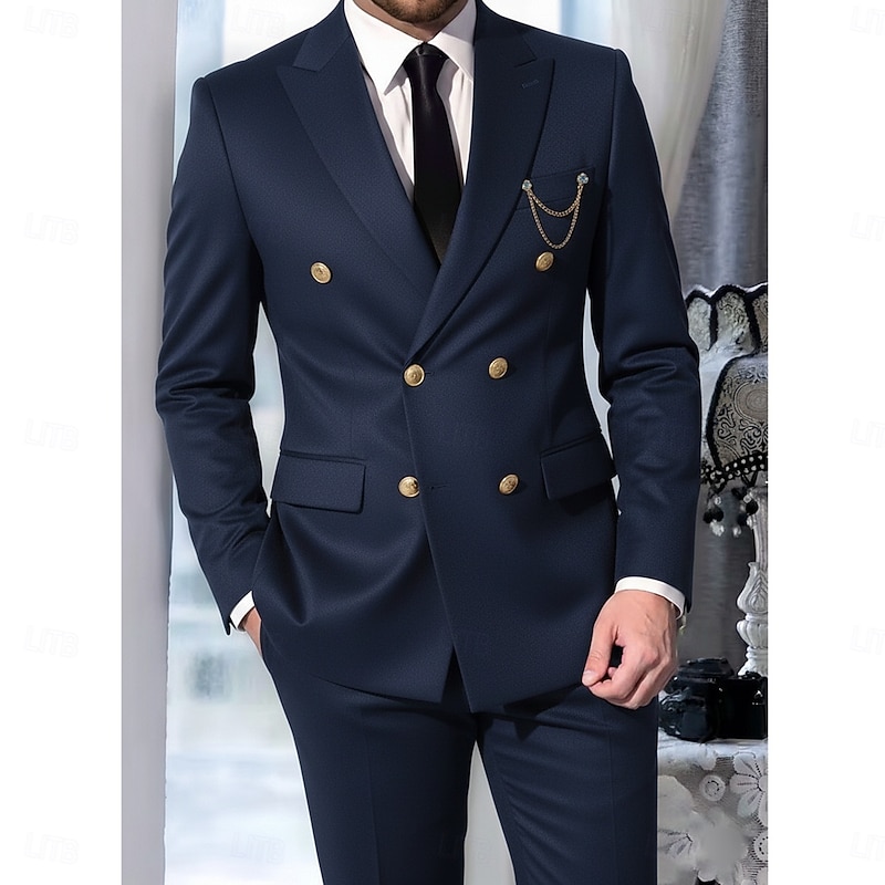 Men's Wedding Party Business Suits Peaked Lapel Black Brown Formal Solid Colored Tailored Fit 2 Piece Double Breasted Six-buttons3