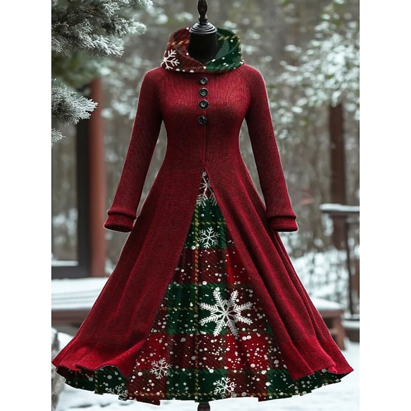 Christmas Women's Maxi Dress A Line Dress Vintage Casual Regular Fit Geometric Snowflake Long Sleeve Hooded Red Fall Winter