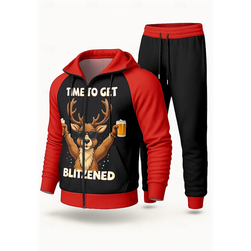 Christmas Men's Hoodie Tracksuit 2 Piece Tracksuit Drawstring Zip Up Color Block Clothing Suit Fall Red Vocation Outdoor Travel Lightweight Fashion Long Sleeve Sport Activewear Stretchy Regular Fit