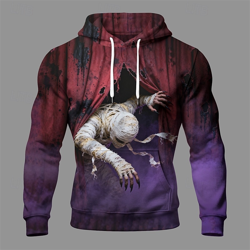 Halloween Men's Monster Hoodie Fashion Daily Hooded Vacation Party Streetwear Burgundy Drawstring Printing Fall Winter Designer
