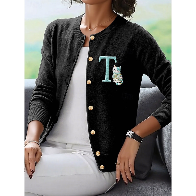 Women's Cardigan Elegant Vintage Daily Graphic Animal Letter Ribbed Crew Neck Buttons Knitted Long Sleeve Regular Tops Knit Outdoor Home Work Black Red Spring Fall3