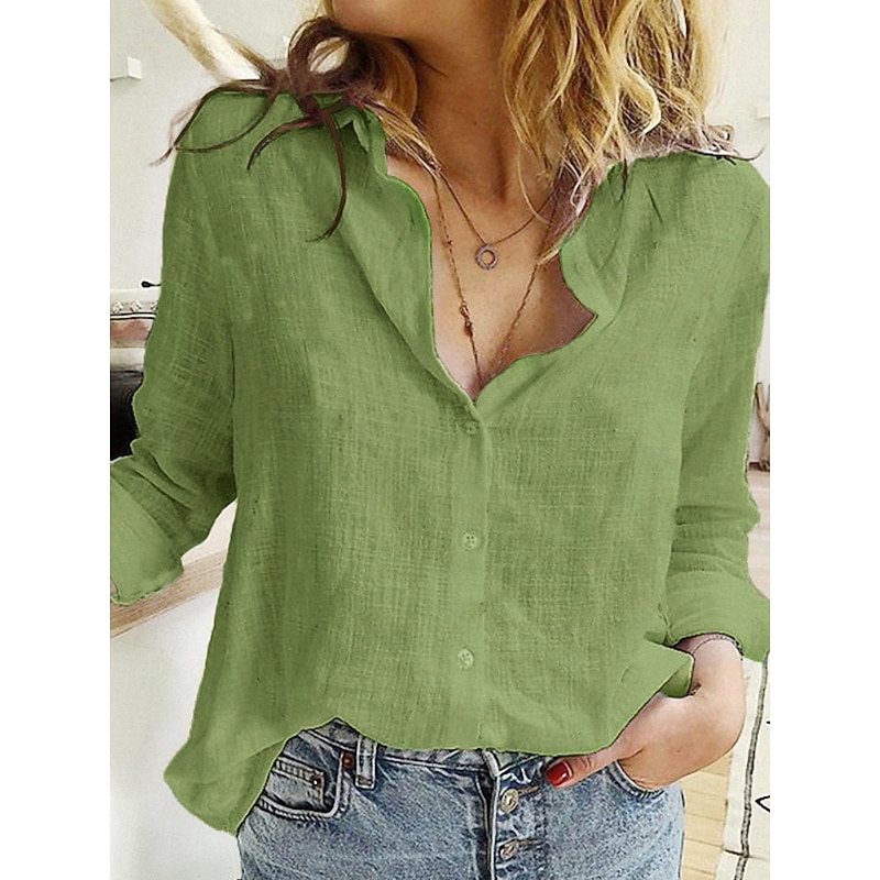 Women's Shirt Cotton Linen Shirts Button Up Blouse Solid Color Basic Casual Long Sleeve Shirt Collar Regular Tops Daily Buttons Yellow Green Summer Spring2