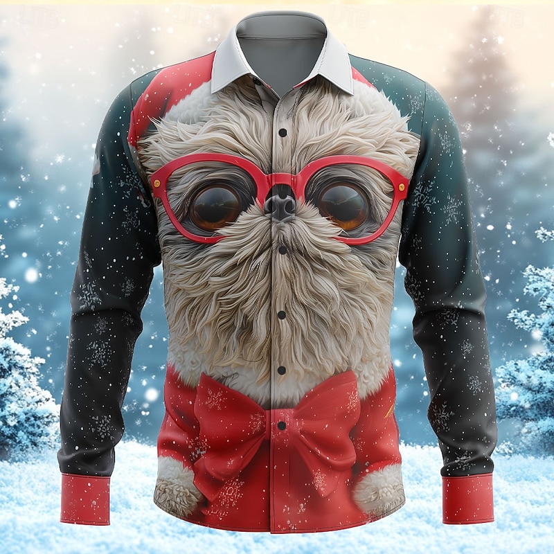 Christmas Men's Animal Dog Ostriches Shirt Button Up Shirt Long Sleeve Funny Outdoor Holiday Spring Fall Turndown 3D Print Collared Shirts Red 1 White Red Dark Green